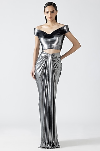 Silver Lame Draped Skirt by Amit Aggarwal