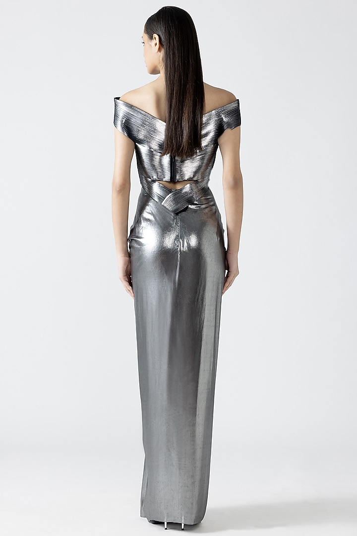 Silver Lame Draped Skirt by Amit Aggarwal at Pernia's Pop Up Shop
