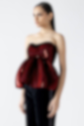 Magma-Colored Metallic Patti Moulded Peplum Top by Amit Aggarwal at Pernia's Pop Up Shop