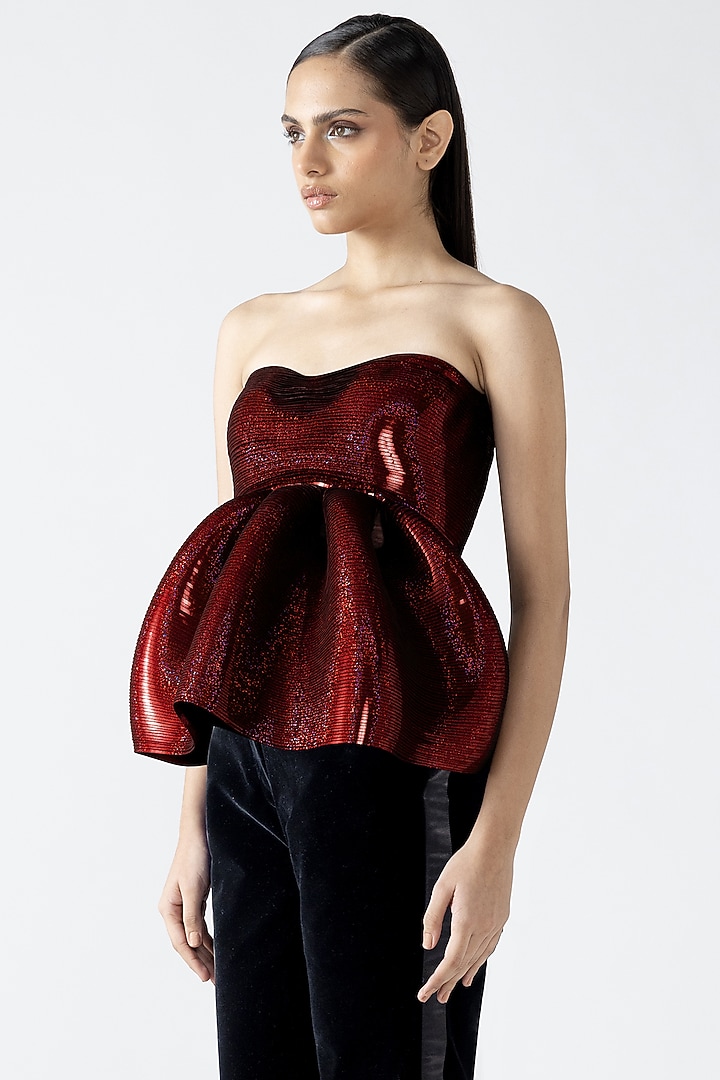 Magma-Colored Metallic Patti Moulded Peplum Top by Amit Aggarwal at Pernia's Pop Up Shop