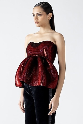 Magma-Colored Metallic Patti Moulded Peplum Top by Amit Aggarwal