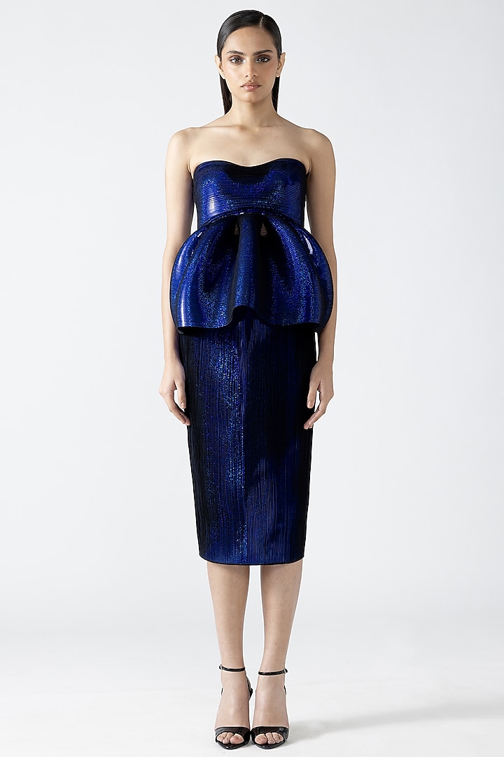 Abyss Blue Metallic Patti Micro-Pleated Skirt by Amit Aggarwal at Pernia's Pop Up Shop