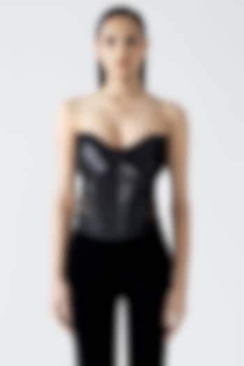 Onyx Black Metallic Patti Moulded Micro-Pleated Top by Amit Aggarwal at Pernia's Pop Up Shop