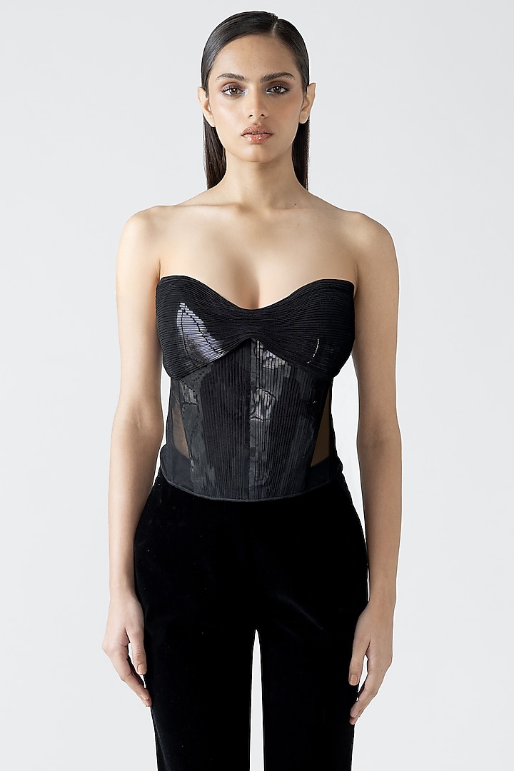 Onyx Black Metallic Patti Moulded Micro-Pleated Top by Amit Aggarwal at Pernia's Pop Up Shop