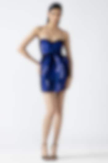 Abyss Blue Metallic Patti Pleated Mini Peplum Party Wear Dress by Amit Aggarwal at Pernia's Pop Up Shop