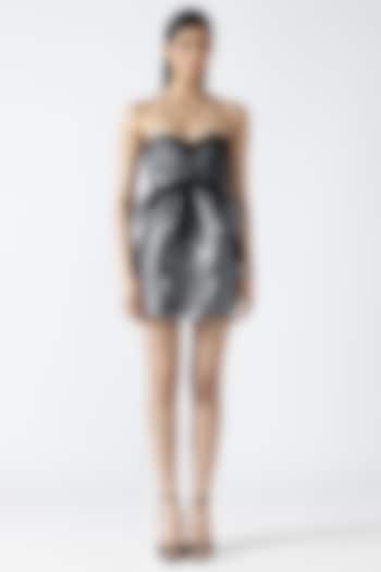 Silver Metallic Patti Pleated Mini Peplum Party Wear Dress by Amit Aggarwal at Pernia's Pop Up Shop