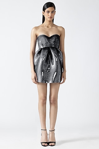 Silver Metallic Patti Pleated Mini Peplum Dress by Amit Aggarwal