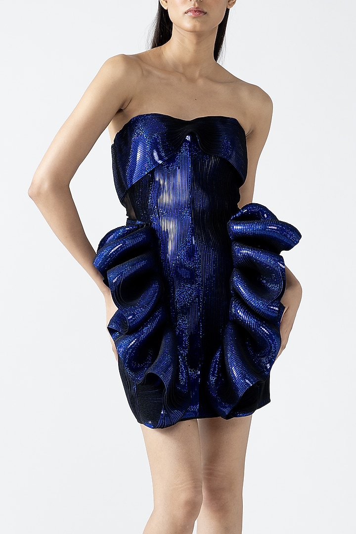 Abyss Blue Metallic Patti Off-Shoulder Ruffle Party Wear Dress by Amit Aggarwal at Pernia's Pop Up Shop
