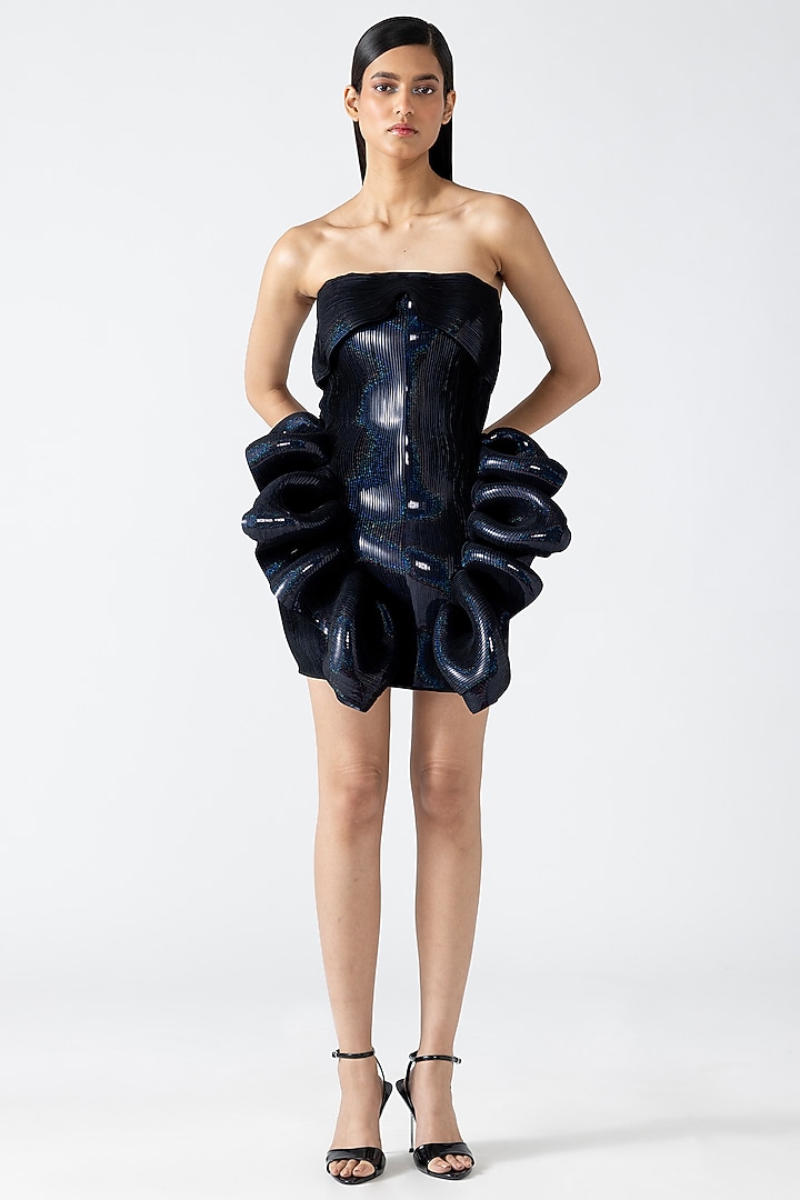 Onyx Black Metallic Patti Off-Shoulder Ruffled Party Wear Dress by Amit Aggarwal at Pernia's Pop Up Shop