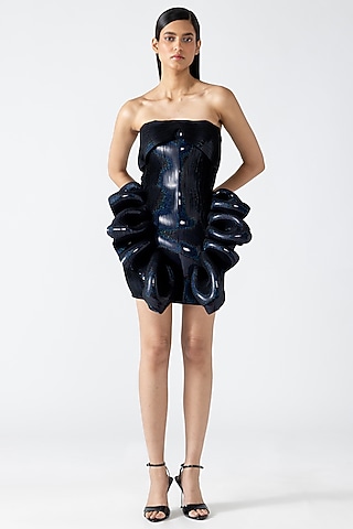 Onyx Black Metallic Patti Off-Shoulder Ruffled Dress by Amit Aggarwal