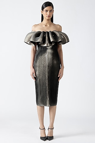 Gold Metallic Patti Off-Shoulder Ruffled Dress by Amit Aggarwal