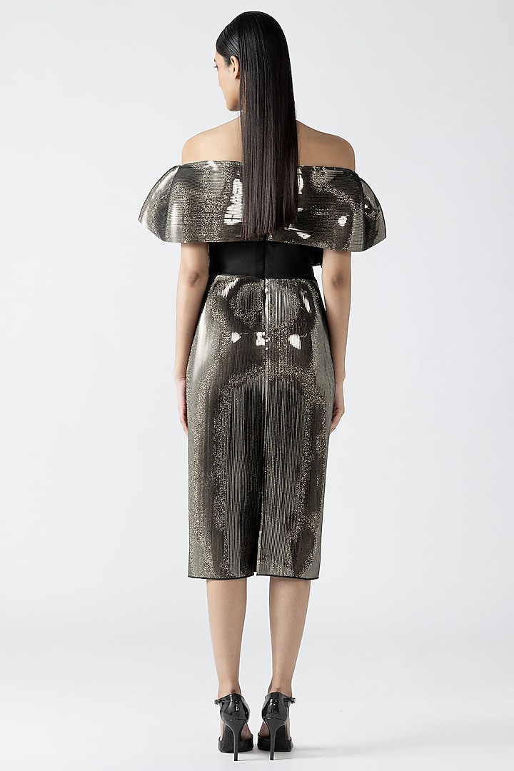 Gold Metallic Patti Off-Shoulder Ruffled Party Wear Dress by Amit Aggarwal at Pernia's Pop Up Shop