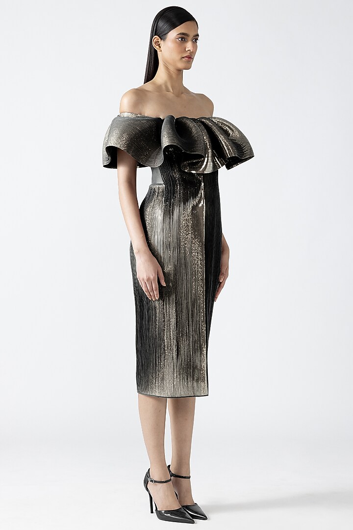 Gold Metallic Patti Off-Shoulder Ruffled Party Wear Dress by Amit Aggarwal at Pernia's Pop Up Shop