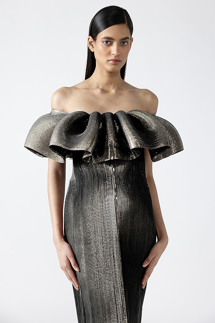 Gold Metallic Patti Off-Shoulder Ruffled Party Wear Dress by Amit Aggarwal at Pernia's Pop Up Shop