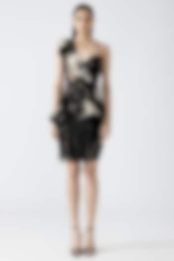 Onyx Black & Gold Metallic Patti Moulded One-Shoulder Mini Party Wear Dress by Amit Aggarwal at Pernia's Pop Up Shop