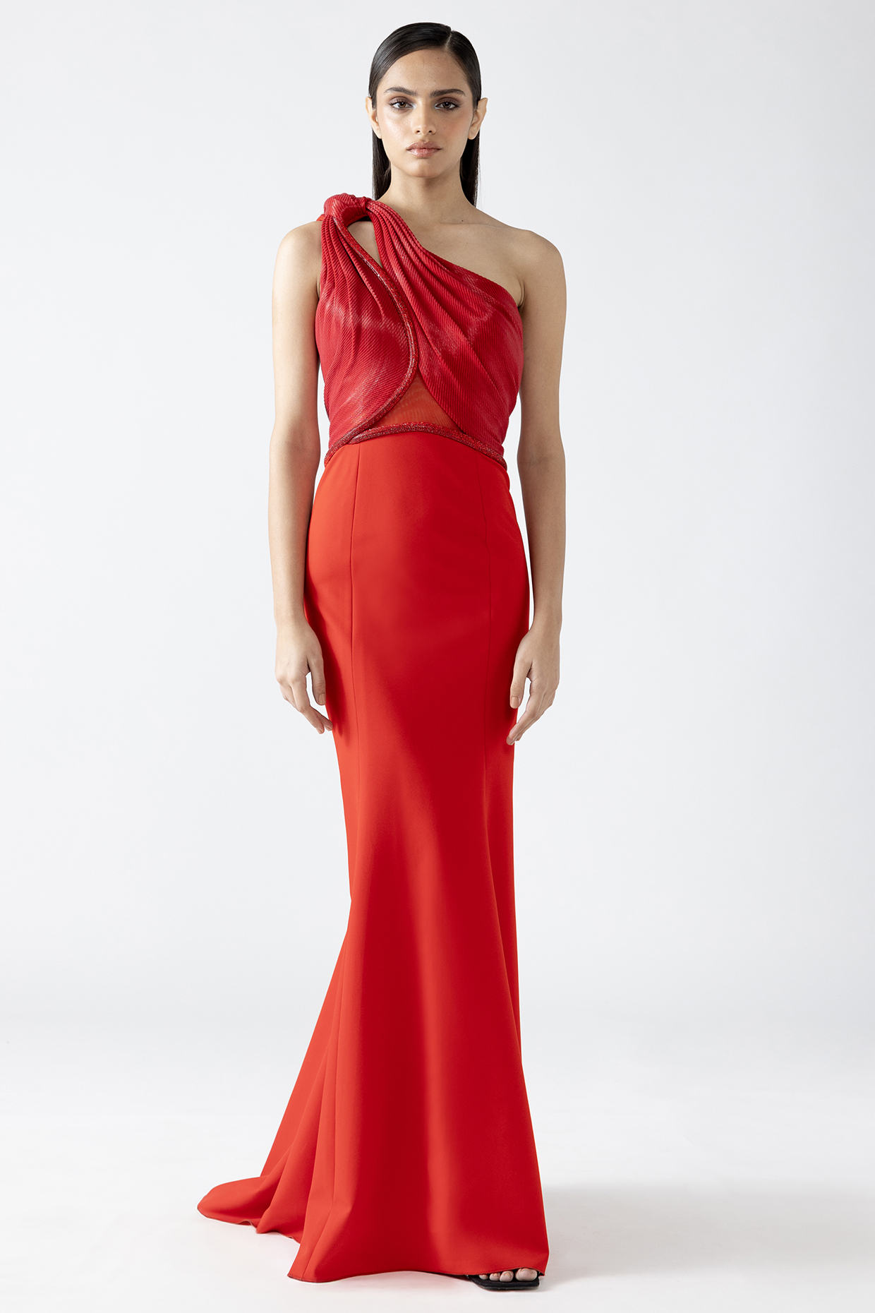 Magma-Colored Banana Crepe Off-Shoulder Draped Wedding Gown by Amit Aggarwal at Pernia's Pop Up Shop