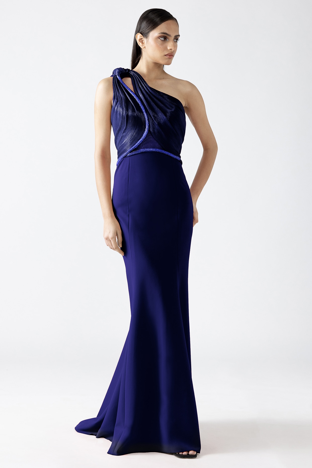 Amit Aggarwal Abyss Blue Banana Crepe Off-Shoulder Draped Gown
