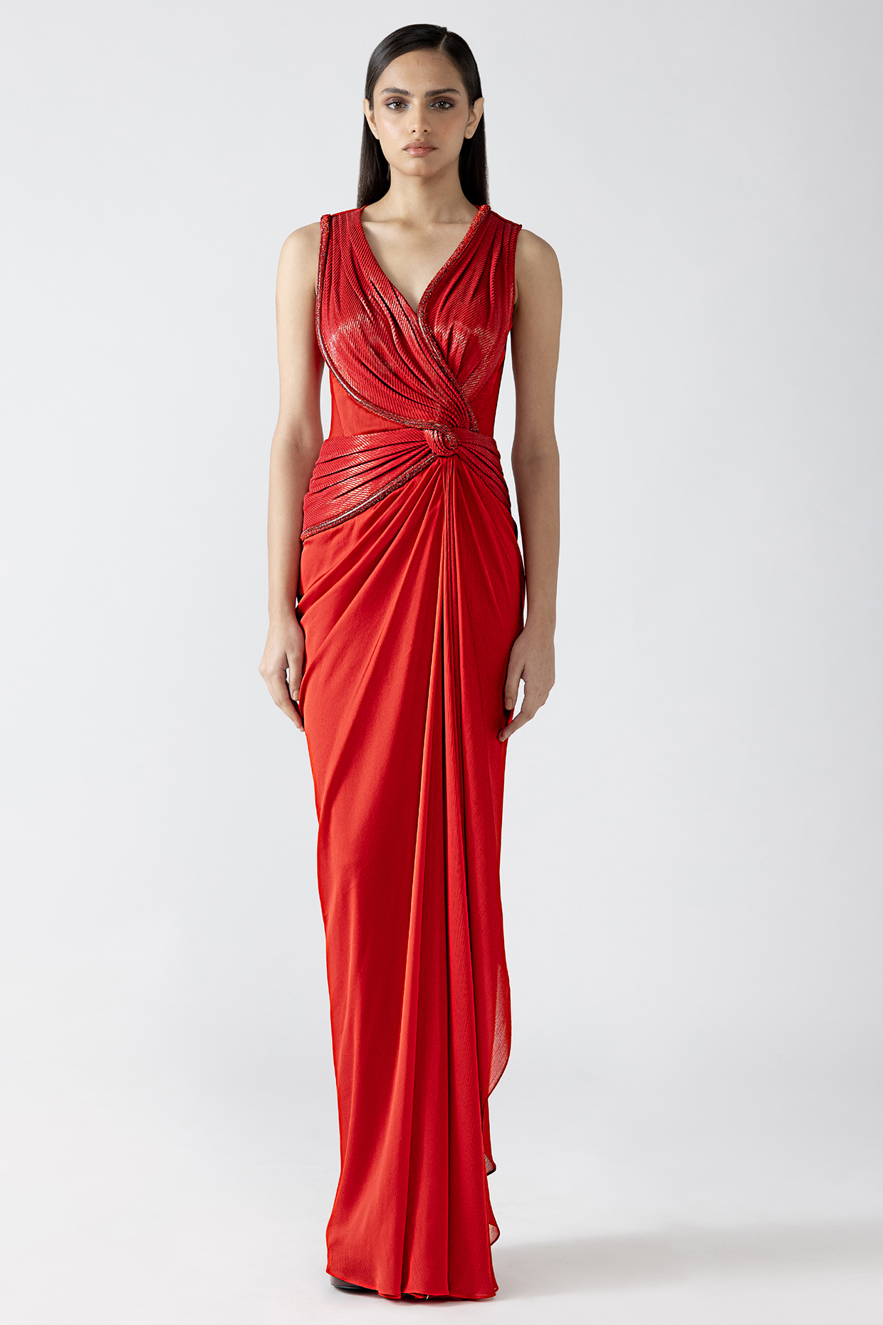 Magma-Colored Chiffon Hand Woven Draped Wedding Gown by Amit Aggarwal at Pernia's Pop Up Shop