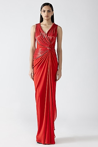 Magma-Colored Chiffon Hand Woven Draped Gown by Amit Aggarwal