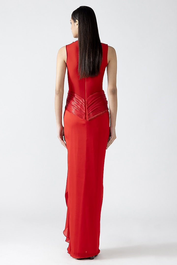 Magma-Colored Chiffon Hand Woven Draped Bridal Gown by Amit Aggarwal at Pernia's Pop Up Shop