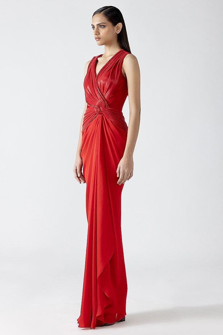 Magma-Colored Chiffon Hand Woven Draped Bridal Gown by Amit Aggarwal at Pernia's Pop Up Shop