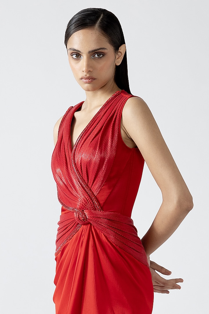 Magma-Colored Chiffon Hand Woven Draped Bridal Gown by Amit Aggarwal at Pernia's Pop Up Shop