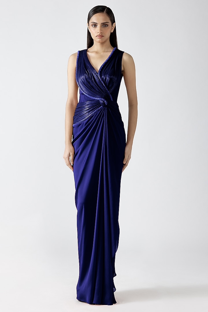 Abyss Blue Chiffon Hand Woven Draped Bridal Gown by Amit Aggarwal at Pernia's Pop Up Shop