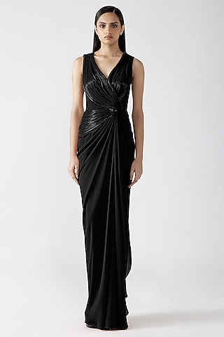 Onyx Black Chiffon Hand Woven Draped Gown by Amit Aggarwal