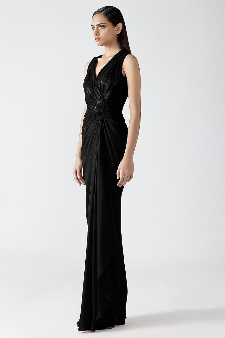 Onyx Black Chiffon Hand Woven Draped Bridal Gown by Amit Aggarwal at Pernia's Pop Up Shop