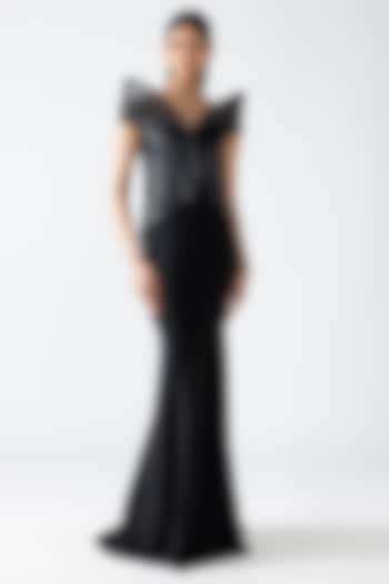 Onyx Black Banana Crepe Corded Off-Shoulder Bridal Gown by Amit Aggarwal at Pernia's Pop Up Shop