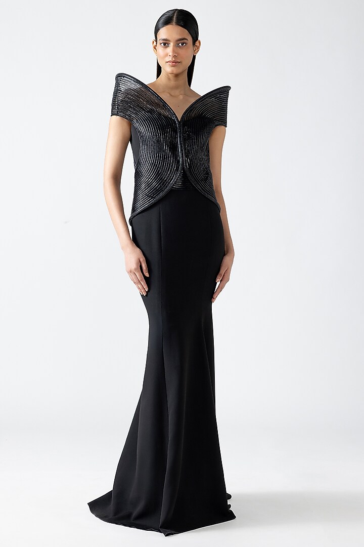 Onyx Black Banana Crepe Corded Off-Shoulder Bridal Gown by Amit Aggarwal at Pernia's Pop Up Shop