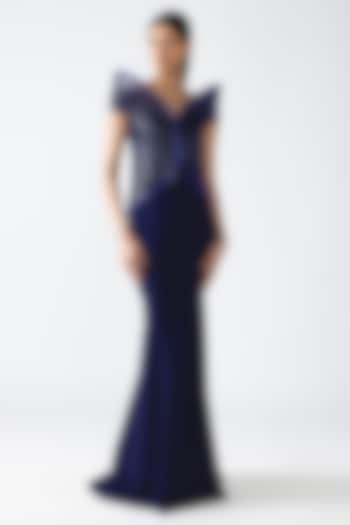 Cosmos Blue Banana Crepe Corded Off-Shoulder Bridal Gown by Amit Aggarwal at Pernia's Pop Up Shop