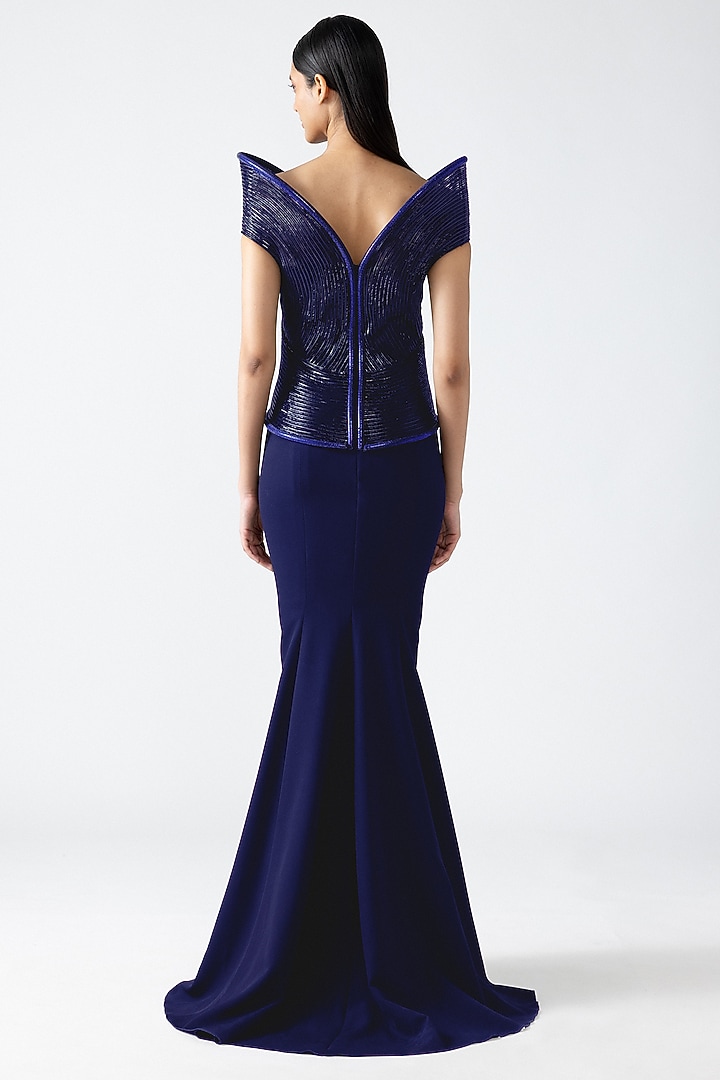 Cosmos Blue Banana Crepe Corded Off-Shoulder Bridal Gown by Amit Aggarwal at Pernia's Pop Up Shop