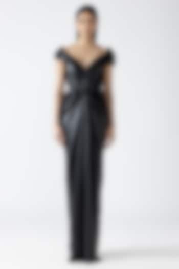 Onyx Black Velvet Chiffon Off-Shoulder Moulded Bridal Gown by Amit Aggarwal at Pernia's Pop Up Shop