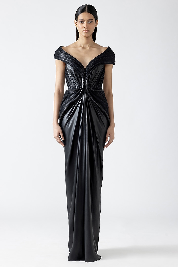 Onyx Black Velvet Chiffon Off-Shoulder Moulded Bridal Gown by Amit Aggarwal at Pernia's Pop Up Shop