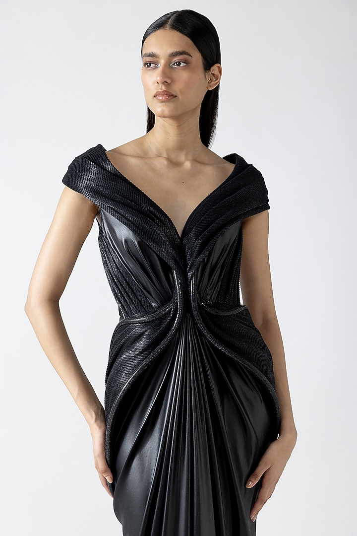 Onyx Black Velvet Chiffon Off-Shoulder Moulded Bridal Gown by Amit Aggarwal at Pernia's Pop Up Shop