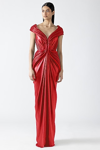 Magma-Colored Velvet Chiffon Off-Shoulder Moulded Gown by Amit Aggarwal