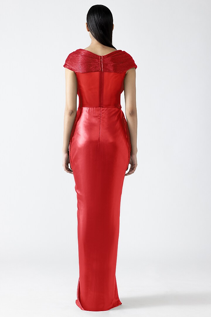 Magma-Colored Velvet Chiffon Off-Shoulder Moulded Bridal Gown by Amit Aggarwal at Pernia's Pop Up Shop