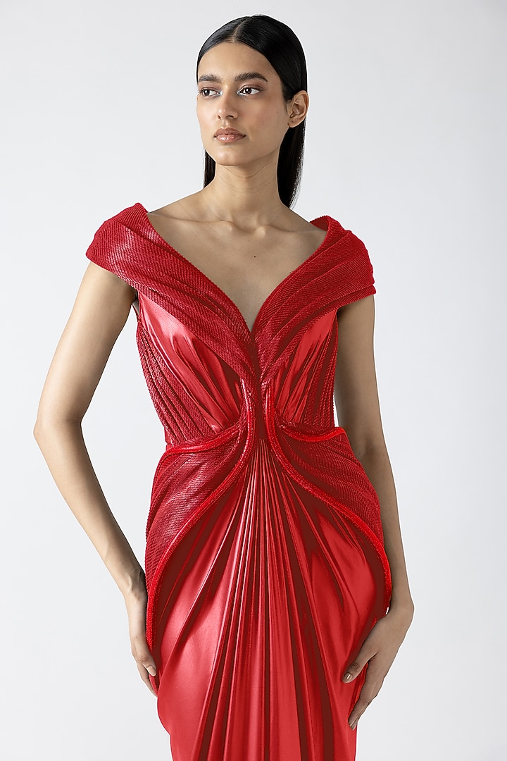 Magma-Colored Velvet Chiffon Off-Shoulder Moulded Bridal Gown by Amit Aggarwal at Pernia's Pop Up Shop