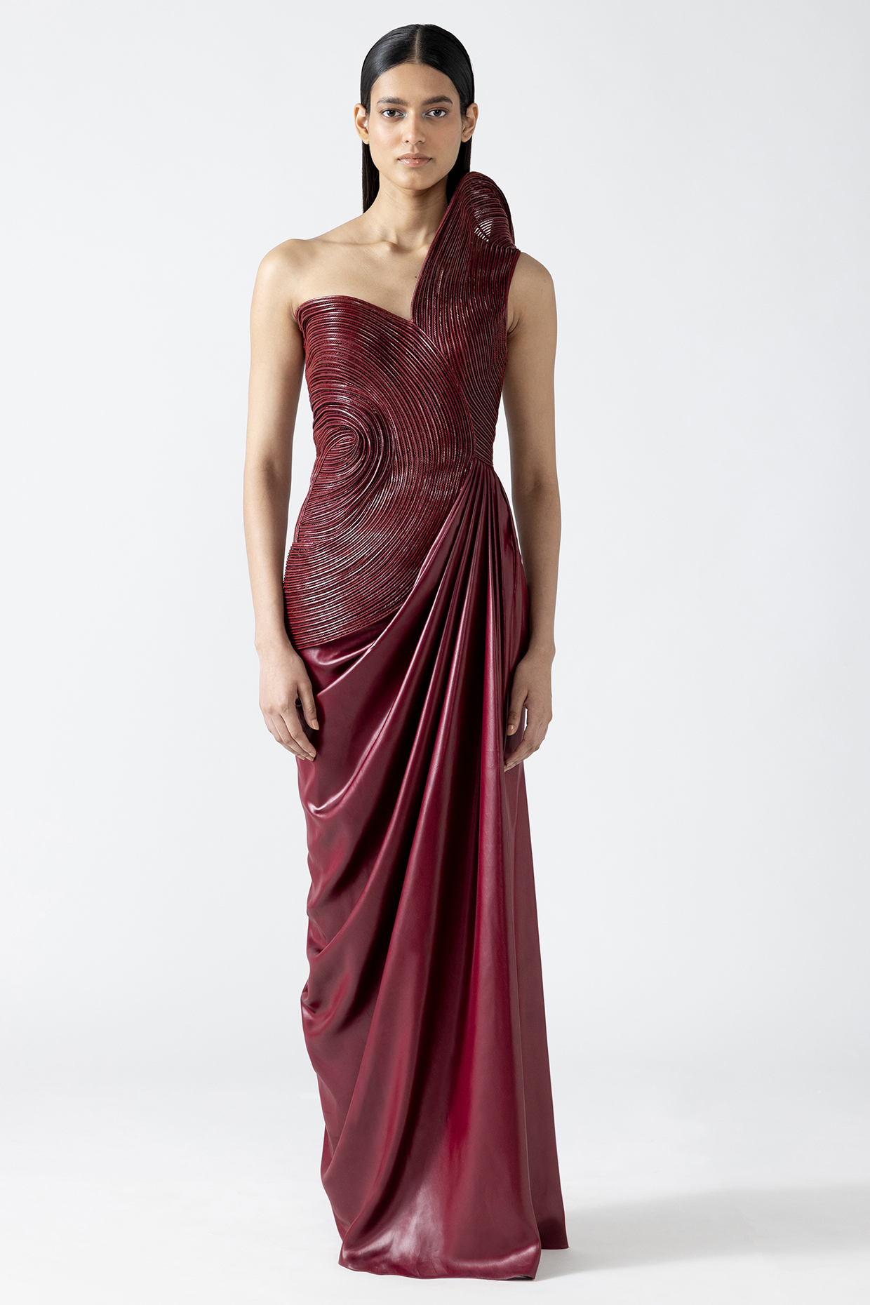 Oxblood Viscose Chiffon Structured Corded Bridal Gown by Amit Aggarwal at Pernia's Pop Up Shop