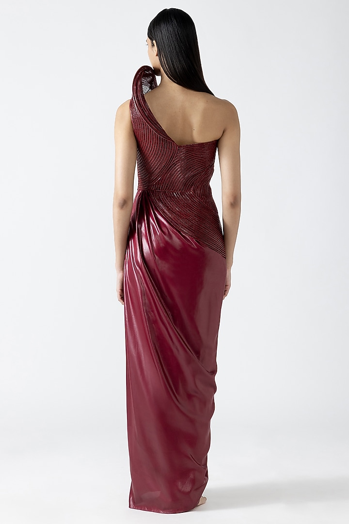 Oxblood Viscose Chiffon Structured Corded Bridal Gown by Amit Aggarwal at Pernia's Pop Up Shop