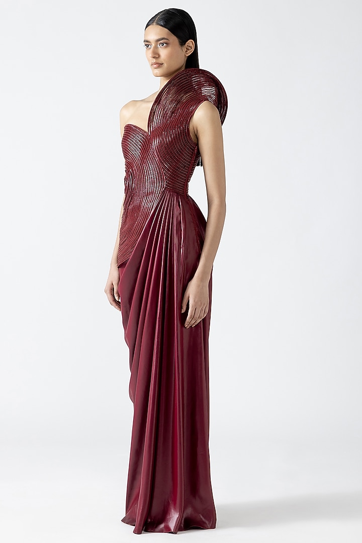 Oxblood Viscose Chiffon Structured Corded Bridal Gown by Amit Aggarwal at Pernia's Pop Up Shop