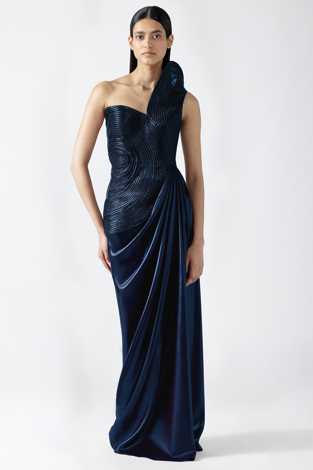 Cosmos Blue Viscose Chiffon Structured Corded Bridal Gown by Amit Aggarwal at Pernia's Pop Up Shop
