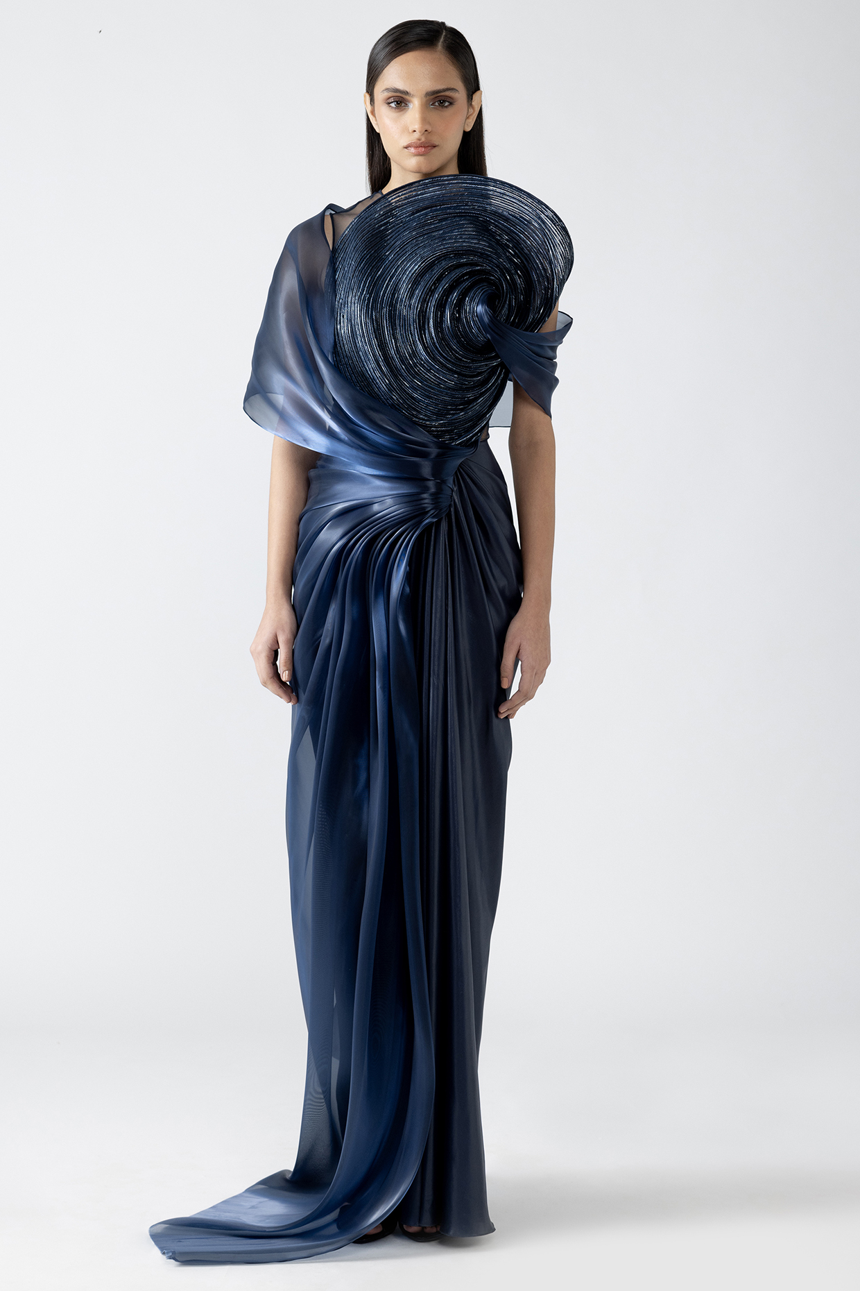 Cosmos Blue Crocodile Organza Draped Corded Bridal Gown by Amit Aggarwal at Pernia's Pop Up Shop