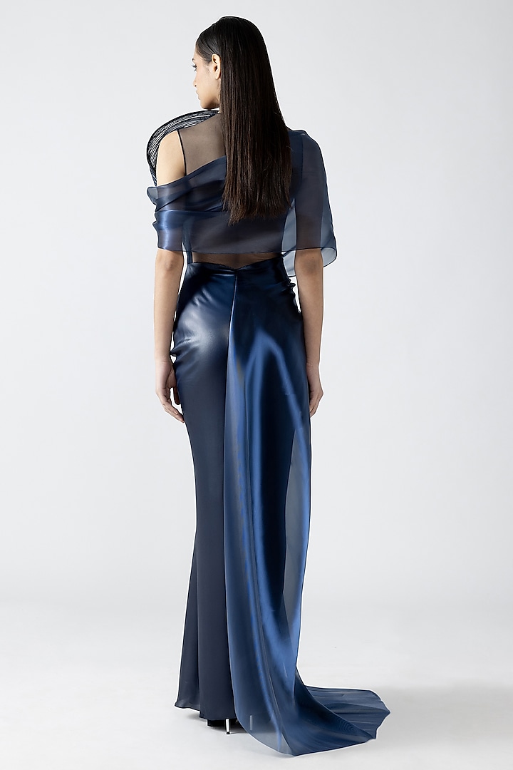 Cosmos Blue Crocodile Organza Draped Corded Bridal Gown by Amit Aggarwal at Pernia's Pop Up Shop