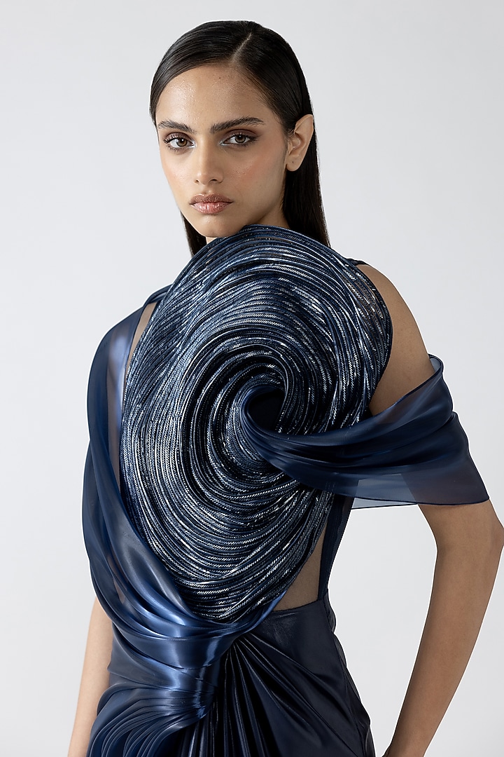 Cosmos Blue Crocodile Organza Draped Corded Bridal Gown by Amit Aggarwal at Pernia's Pop Up Shop