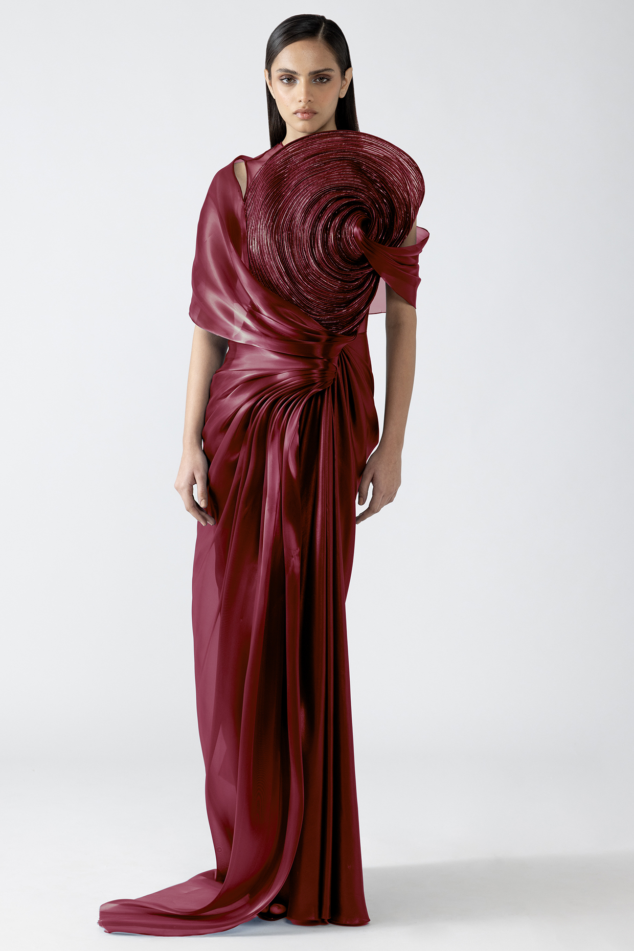 Oxblood Crocodile Organza Draped Corded Bridal Gown by Amit Aggarwal at Pernia's Pop Up Shop