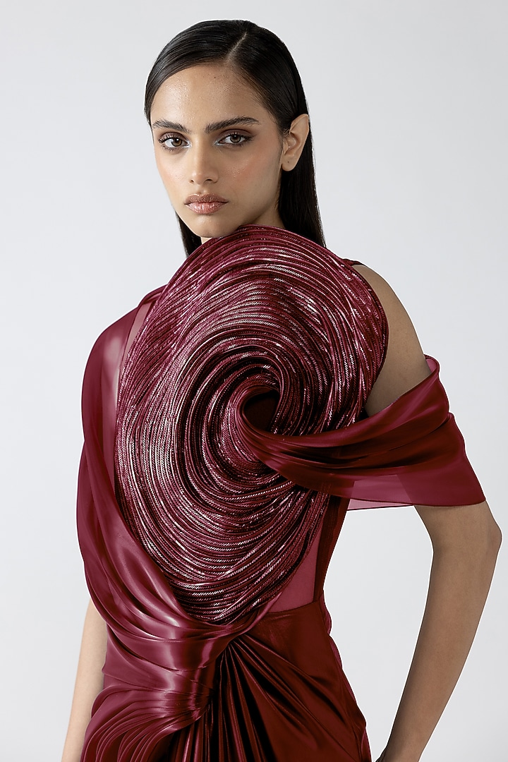 Oxblood Crocodile Organza Draped Corded Bridal Gown by Amit Aggarwal at Pernia's Pop Up Shop