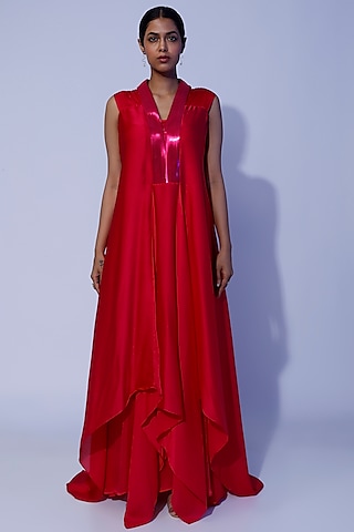 Red Chiffon Draped Dress by Amit Aggarwal