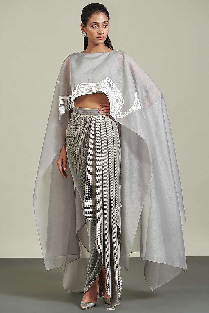Grey Organza Draped Skirt Set by Amit Aggarwal